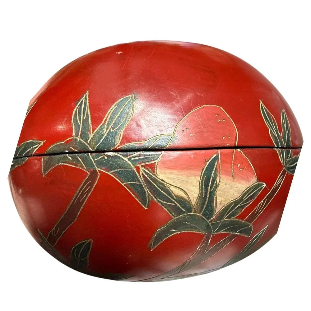 Vintage Japanese Red Lacquer Box Floral Trinket Bowl‎ Lidded Wood Decor